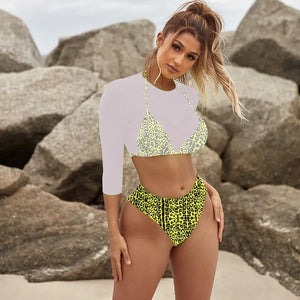 Sexy Neon orange Bikini 2023 Women Long Sleeve Mesh Cover Up 3 Piece Swimsuit High Cut Push Up Bathing Suit high waist Swimwear