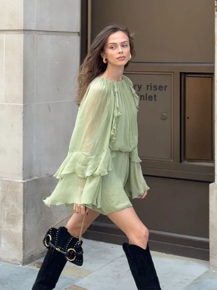 Fashion Green Women's Ruffles Pleated Mini Dress Elegant O-neck Long Sleeves High Waist Dresses Female New Vacation Vestido 2024