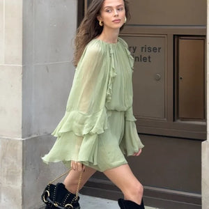 Fashion Green Women's Ruffles Pleated Mini Dress Elegant O-neck Long Sleeves High Waist Dresses Female New Vacation Vestido 2024