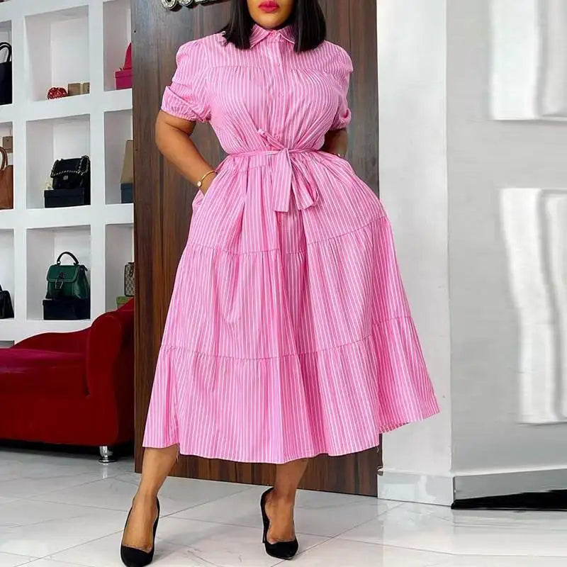 Plus Size 5XL VONDA Women Fashion Shirt Dress 2024 Summer Short Sleeve Casual Midi Sundress Elegant Loose Stripe Vestidos Belted