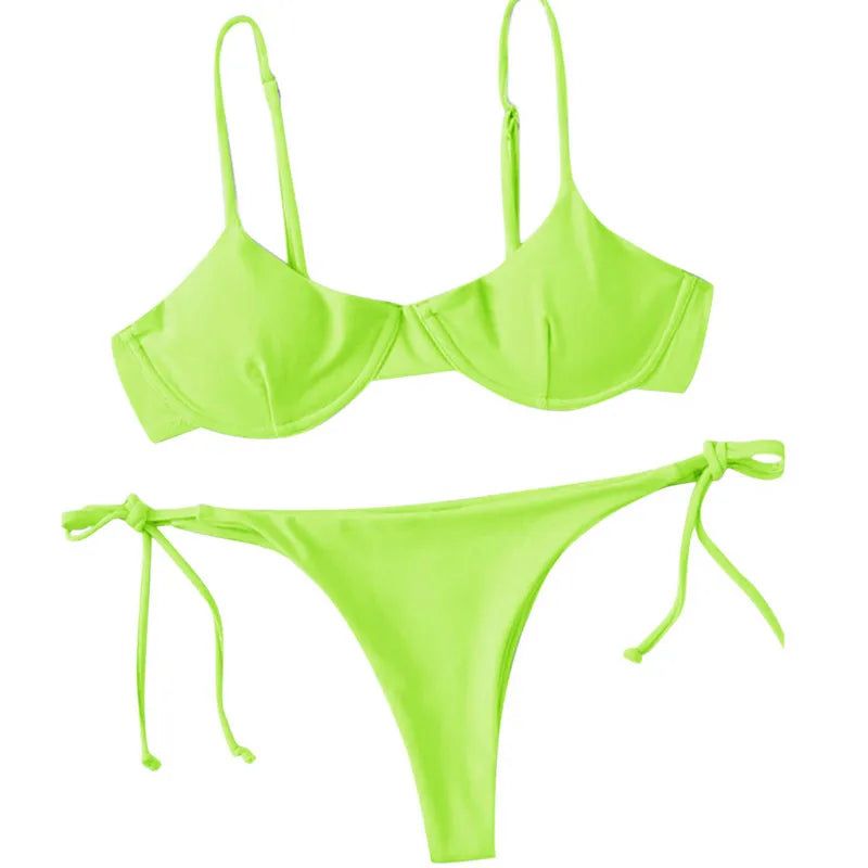 Women Split Swimsuit Set, Solid Color/Printed V-neck Bikini + Lace Up Panties for Summer