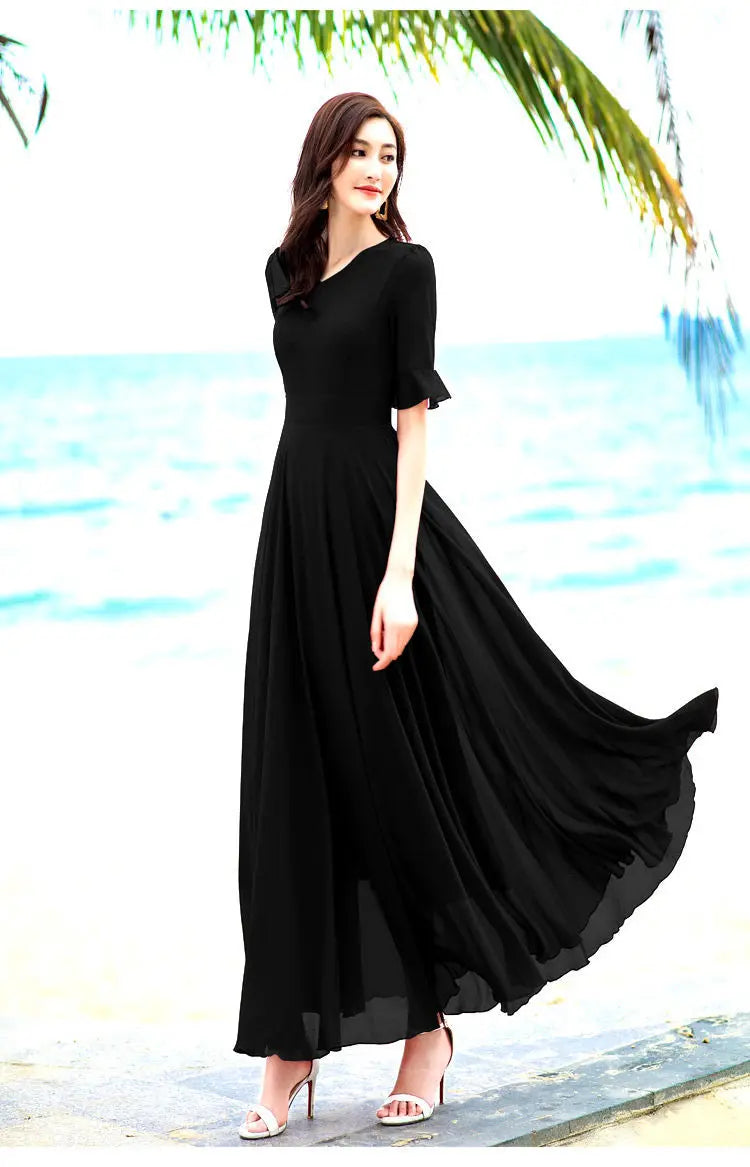 V-neck Elegant Fashion Short Sleeve Solid Color Slender Knee-length A-LINE Dresses Empire Comfortable Chiffon Women's Clothing