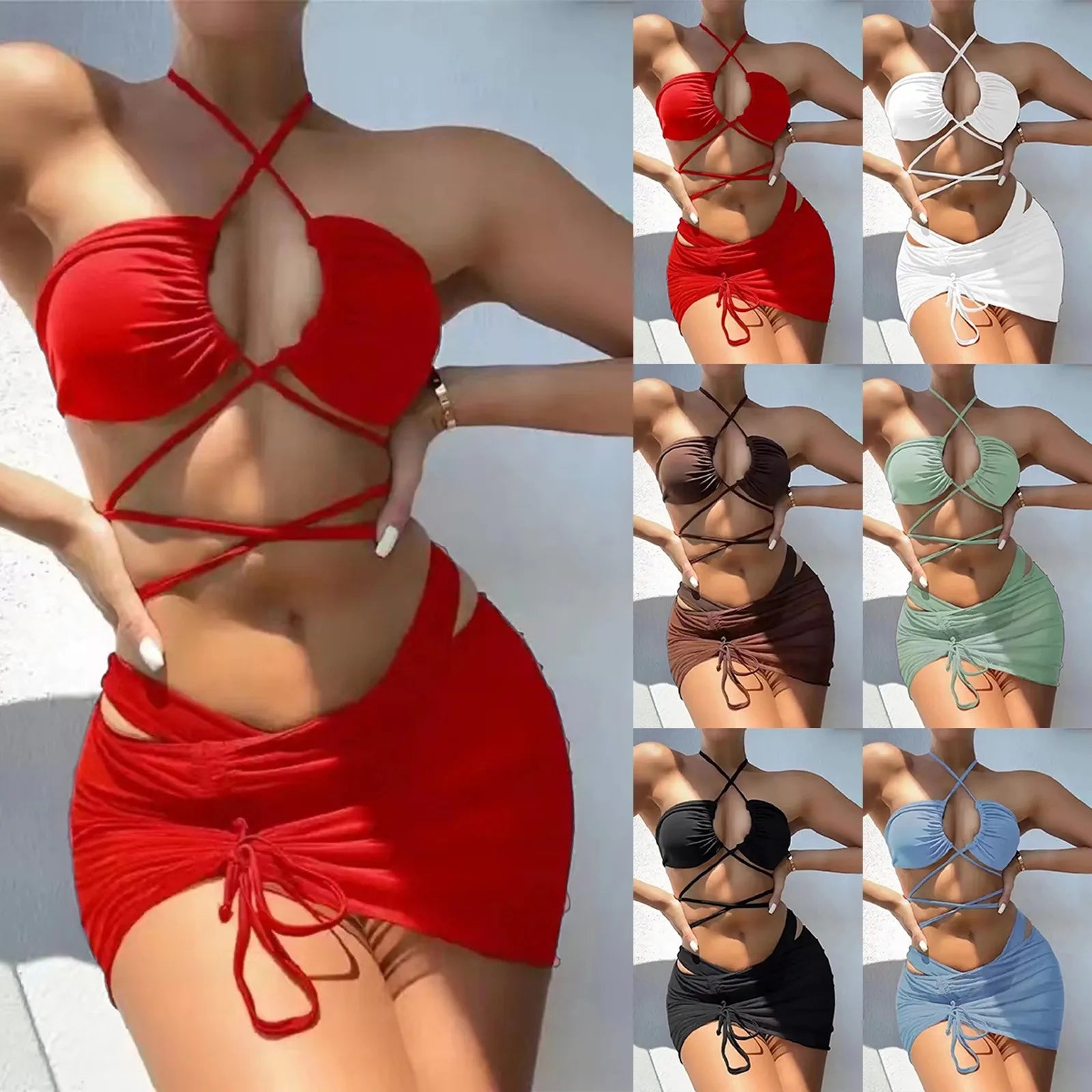 Bikinis Sets Swimsuit For Women Solid Hollow Strap Sexy Bikini Swimwear Three Piece Mesh Swimsuit Swimwear For Women