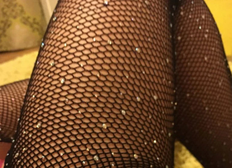 Sexy Women Fishnet Stockings Crystal Rhinestone Thigh Pantyhose Shiny Net Tights Lingerie Ladies Girls Plus Size Bling Stocking