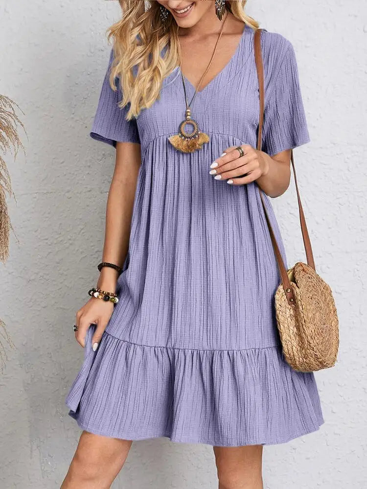 Vintage Solid Elegant Women Dress 2023 Summer Fashion Casual V-Neck High Waist A-Line Mini Dresses Lady Short Sleeve Party Dress