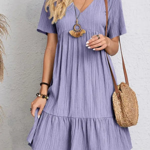 Vintage Solid Elegant Women Dress 2023 Summer Fashion Casual V-Neck High Waist A-Line Mini Dresses Lady Short Sleeve Party Dress