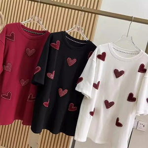 Plus Size 3D Love Towel Embroidery Women T-shirts 150kg XL-4XL Stamping Diamonds Female Tee 2024 Summer New Short Sleeve Top Y2k