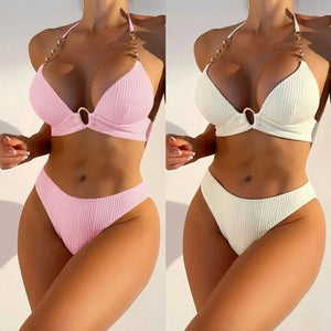 New Sexy Split Solid Color Bikini Striped Pearl Neck Swimsuit