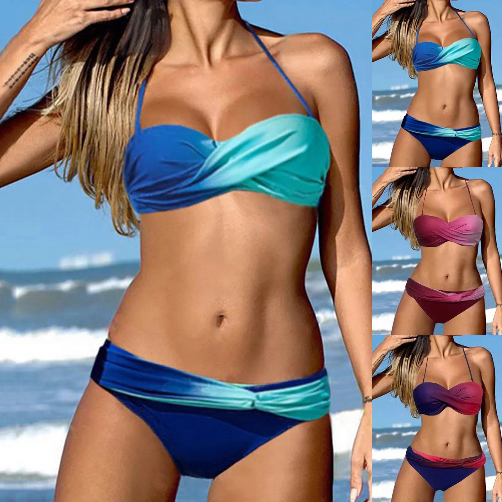 Gradient Print Sexy Low Waist Bikini Sets Two Piece Swimsuit Women Push Up Ruched Wrap Swimwear Vintage Tankini Spring Summer