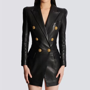 HIGH STREET Newest Fashion 2024 Designer Women's Lion Metal Buttons Faux Leather Blazer Dress