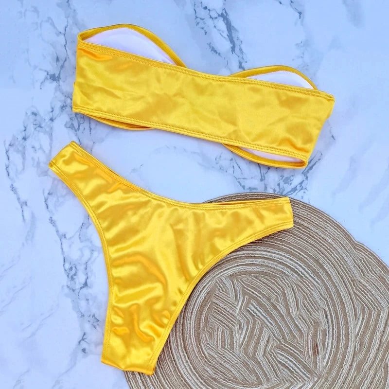 Sexy U Shaped Bandeau Bikinis Set Mujer Strapless Swimwear Women Gold Swimsuit Bathing Suit Biquinis Brazilian Bikini Swim 2024