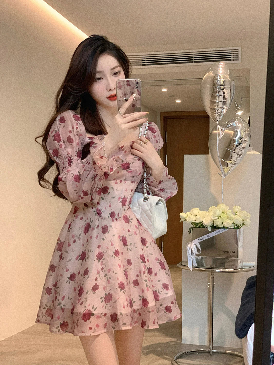 Dress Women Aesthetic Slim Floral A-line Spring Sweet Designed Vintage French Style Fashionable Gentle OL Leisure Holiday Temper