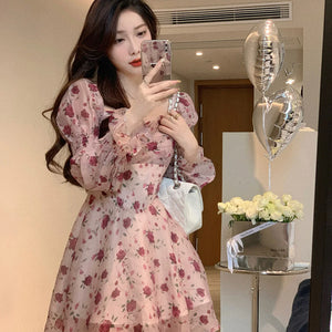 Dress Women Aesthetic Slim Floral A-line Spring Sweet Designed Vintage French Style Fashionable Gentle OL Leisure Holiday Temper