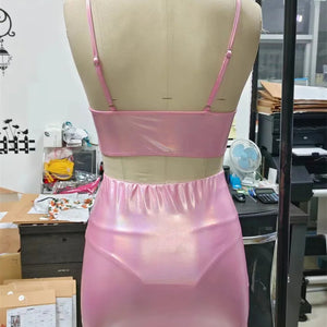 3 Piece High Waist Bikini Set Women Pink PU Leather Push Up Top with Pleate Skirt Swimsuit 2024 Summer Bathing Suit Swimwear