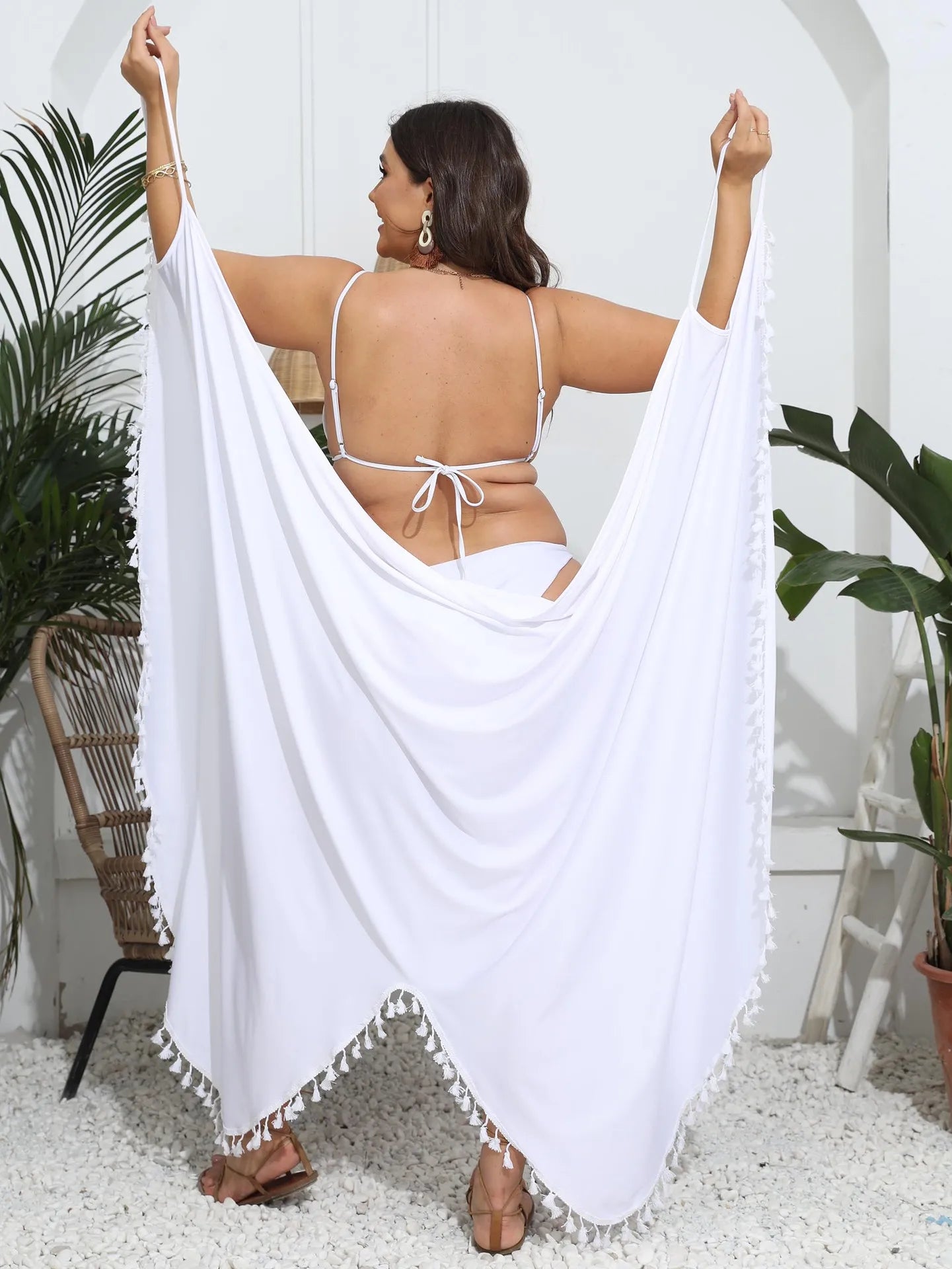 Tassels Irregular Plus Size Cover Ups Women Sexy V-Neck Slip Dress Lady  Loose Solid Beach Outfit Vacation Party Spring Summer