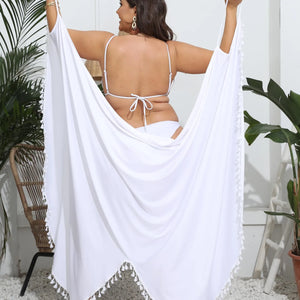 Tassels Irregular Plus Size Cover Ups Women Sexy V-Neck Slip Dress Lady  Loose Solid Beach Outfit Vacation Party Spring Summer