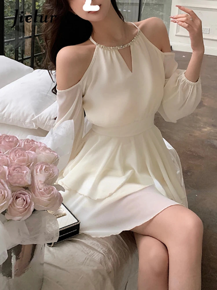 Jielur Summer Elegant Chiffon Mini Dress Women Long Sleeve Even Party Dresses Office Lady Chiffon One Piece Dress Korean Fashion