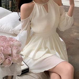 Jielur Summer Elegant Chiffon Mini Dress Women Long Sleeve Even Party Dresses Office Lady Chiffon One Piece Dress Korean Fashion