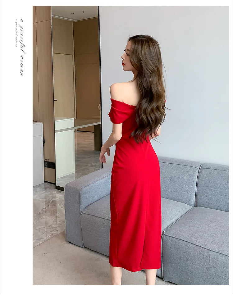 Elegant Off Shoulder Evening Party Dresses Women Summer Fashion Slim One Piece Solid Vestidos Korean Graduation Robe Clothing