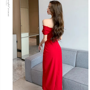 Elegant Off Shoulder Evening Party Dresses Women Summer Fashion Slim One Piece Solid Vestidos Korean Graduation Robe Clothing