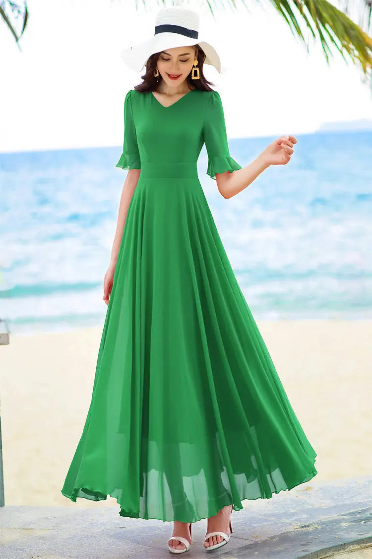 V-neck Elegant Fashion Short Sleeve Solid Color Slender Knee-length A-LINE Dresses Empire Comfortable Chiffon Women's Clothing