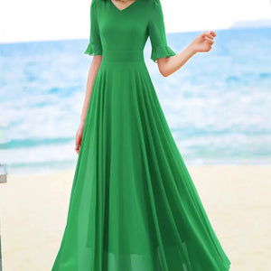 V-neck Elegant Fashion Short Sleeve Solid Color Slender Knee-length A-LINE Dresses Empire Comfortable Chiffon Women's Clothing