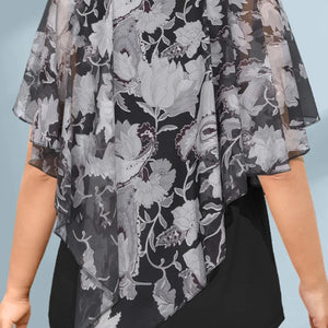 Plus Size Women Blouse Cloak Loose Casual Floral Print Ruffle Batwing Cape Sleeve Tee Top Medium Stretch Women Shirt Top