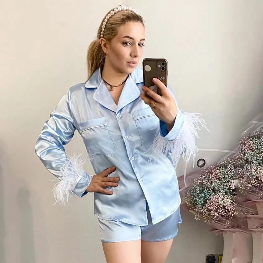 Two Piece Sets Women Pajamas Set 2024 Autumn Casual Lapel Tops Feathers Pants Suits Sexy Lingerie Nightwear Pyjamas Homewear