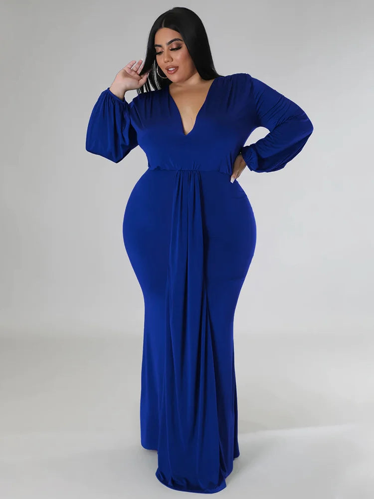 Wmstar Plus Size Party Dresses for Women Long Sleeve Stretch Sexy V Neck Elegant Maxi Dress Fall Clothes Wholesale Dropshipping