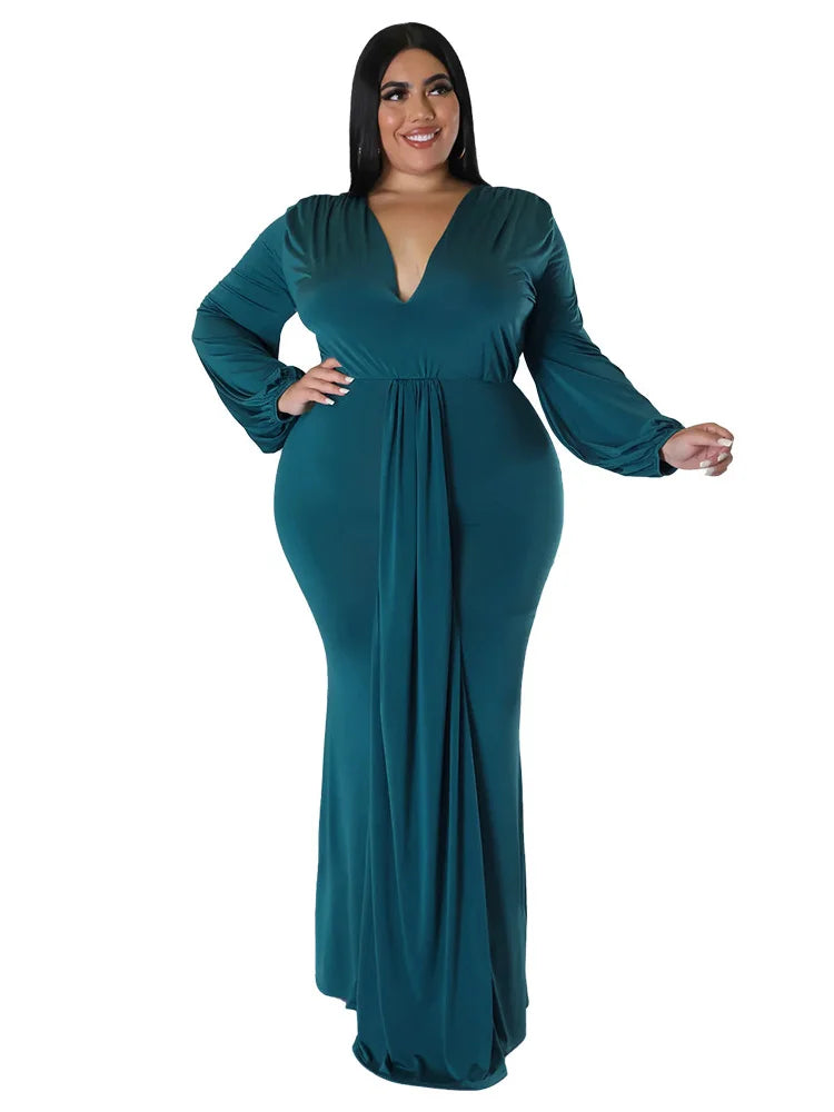 Wmstar Plus Size Party Dresses for Women Long Sleeve Stretch Sexy V Neck Elegant Maxi Dress Fall Clothes Wholesale Dropshipping