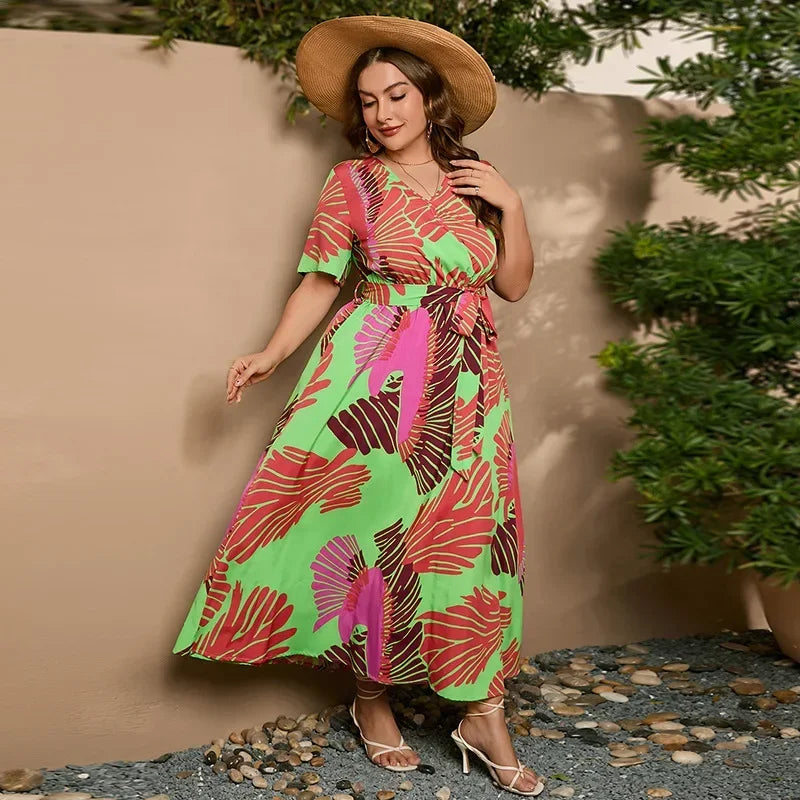 plus size New best-selling oversized loose V-neck dress for women with elastic waist  short sleeved printed long skirt