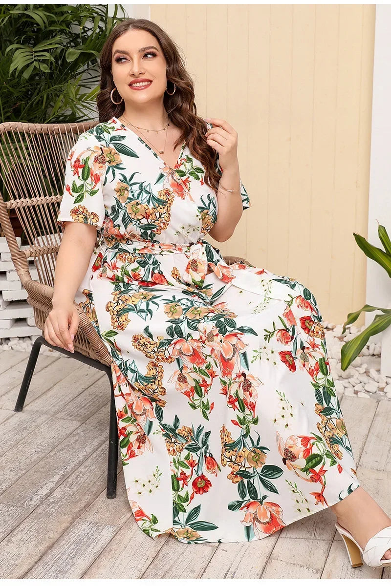 plus size New best-selling oversized loose V-neck dress for women with elastic waist  short sleeved printed long skirt