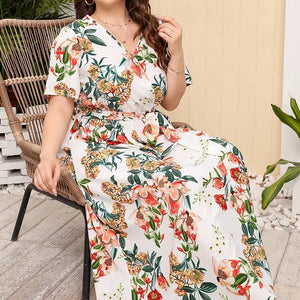 plus size New best-selling oversized loose V-neck dress for women with elastic waist  short sleeved printed long skirt