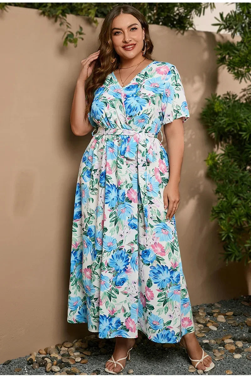 plus size New best-selling oversized loose V-neck dress for women with elastic waist  short sleeved printed long skirt