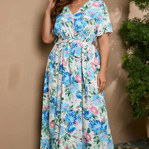 plus size New best-selling oversized loose V-neck dress for women with elastic waist  short sleeved printed long skirt