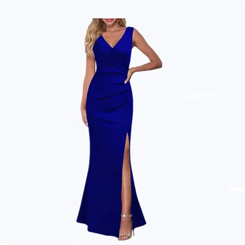 Women's Summer Sexy V-neck Halter Dress Slim Sleeveless Slit Long Dress Solid Color Fashion Dinner Party Temperament Dress