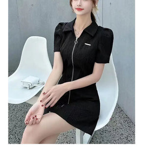 Summer Fashion Retro French Style Black White Chic Elegant Dresses for Women Casual Zipper Short Sleeve Slim Midi Dress Vestidos