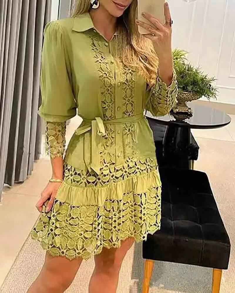 Spring Autumn Hollow Out Floral Solid Color Fashion Casual Sexy Lace Patch Shirt Dress Mini Dress Y2k Party Holiday Vestido