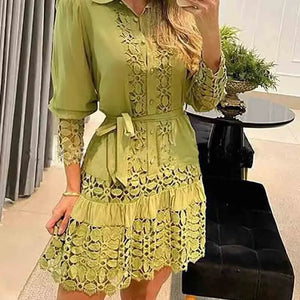 Spring Autumn Hollow Out Floral Solid Color Fashion Casual Sexy Lace Patch Shirt Dress Mini Dress Y2k Party Holiday Vestido