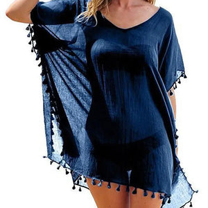 Summer Chiffon Tassels Beach Dress Women Swimwear Bikini Cover Up Female Mini Loose Solid Pareo Tops Swimsuit