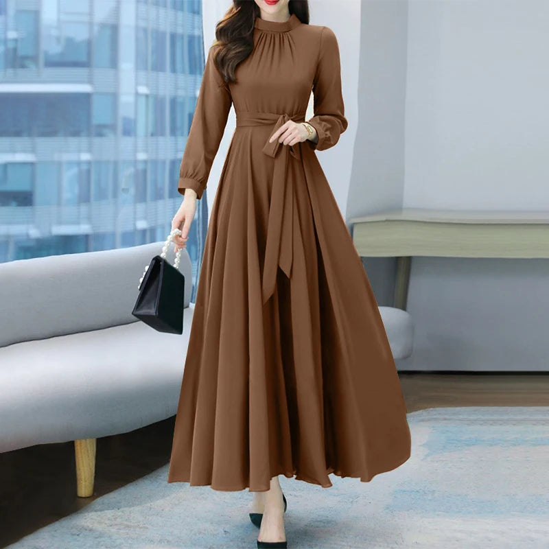 ZANZEA Autumn Women Fashion Party Dress Long Sleeve A-line Long Sundress Solid Holiday Maxi Dresses Vestidos Femme Vintage Robe