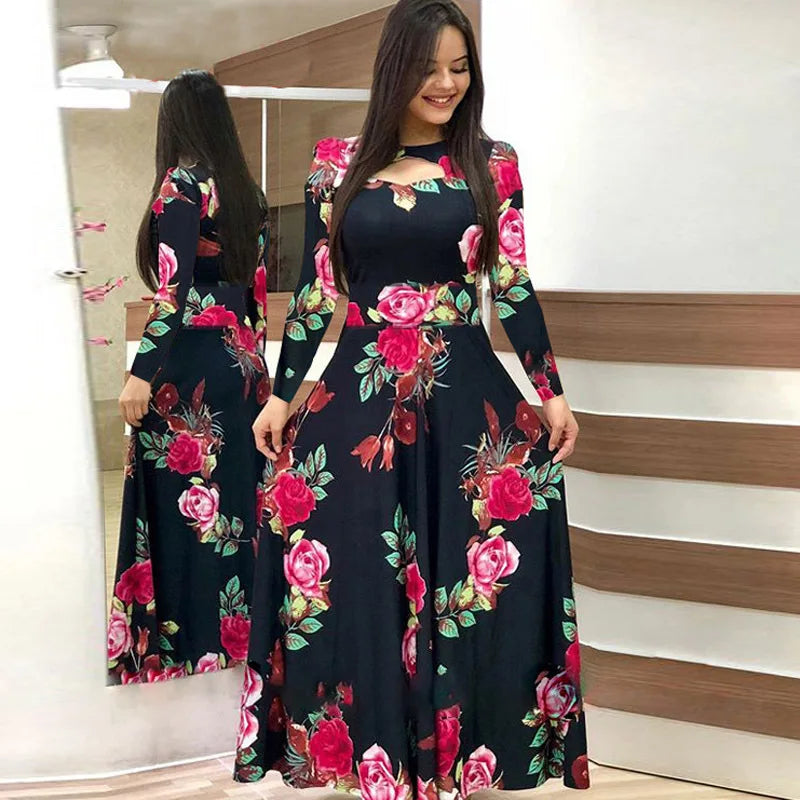 Women's Autumn Printed Long Sleeved Slim Fit Vestido 2024 Fashion Round Neck Flower Hollow Maxi Dresses Roupas Mujer 5XL