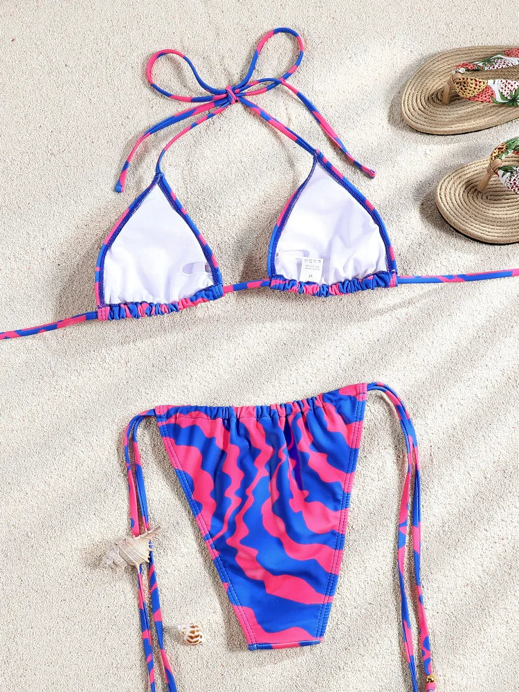 Patchwork Bikinis String Bikini Set Ruffles Side Swimwear Women Sexy Swimsuit Woman Halter Bathing Suits Two Piece Beachwear