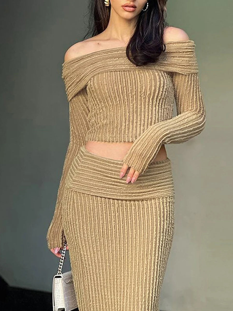 New Fashion Women Ribbed Knit Set Off-Shoulder Long Sleeve Crop Tops Bodycon Skirt 2-Piece Folding Outfits S M L