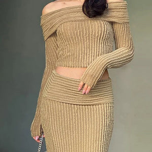 New Fashion Women Ribbed Knit Set Off-Shoulder Long Sleeve Crop Tops Bodycon Skirt 2-Piece Folding Outfits S M L