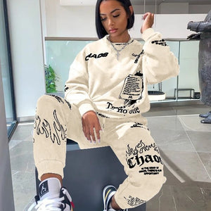 Women Outfit Letter Print Loose 2 Two Piece Set Streetwear Tracksuit Sweatshirt Joggers Pants Matching Ensemble Femme 2 pieces