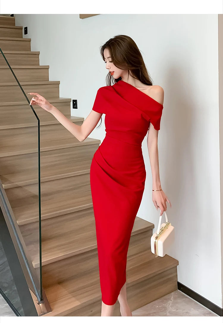 Elegant Off Shoulder Evening Party Dresses Women Summer Fashion Slim One Piece Solid Vestidos Korean Graduation Robe Clothing