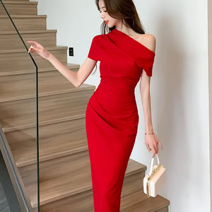 Elegant Off Shoulder Evening Party Dresses Women Summer Fashion Slim One Piece Solid Vestidos Korean Graduation Robe Clothing