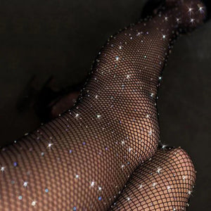 Sexy Women Fishnet Stockings Crystal Rhinestone Thigh Pantyhose Shiny Net Tights Lingerie Ladies Girls Plus Size Bling Stocking