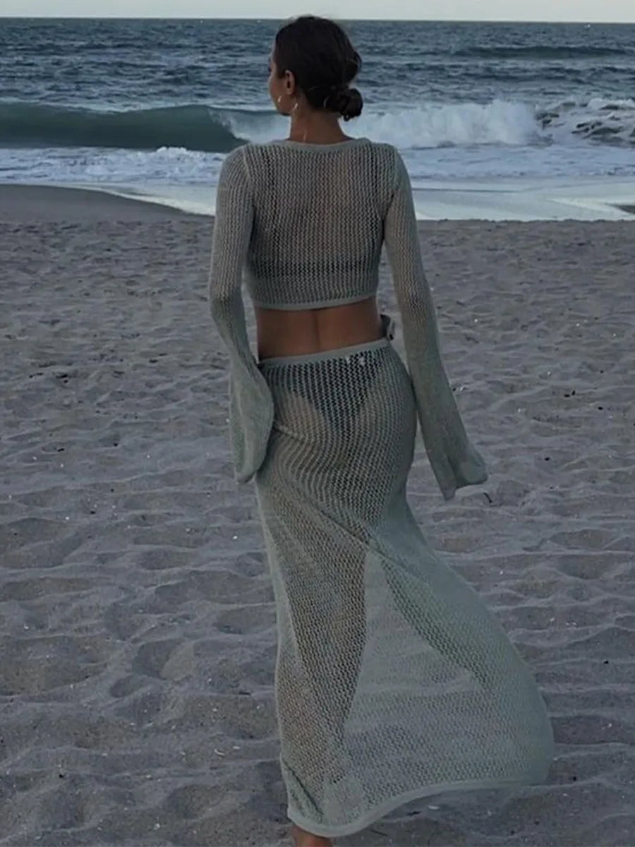 Knitted Crochet Beach Cover Ups Swimsuit Two Pieces Bathing Suit Women Sexy Long Sleeve Hollow Crop Tops Split Maxi Skirts